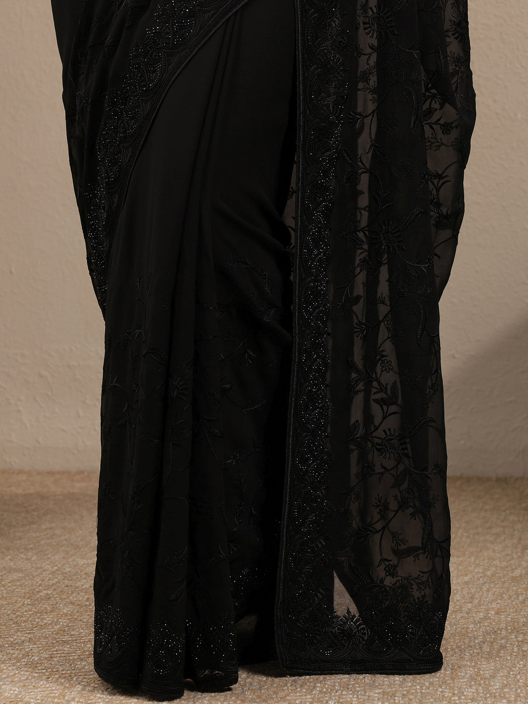 Black Embroidered Georgette Saree With Unstitched Blouse Piece