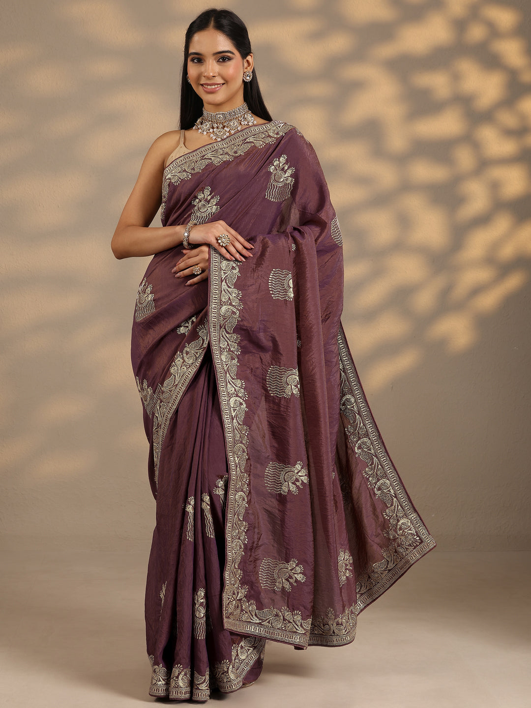 Purple Embroidered Organza Saree With Unstitched Blouse Piece