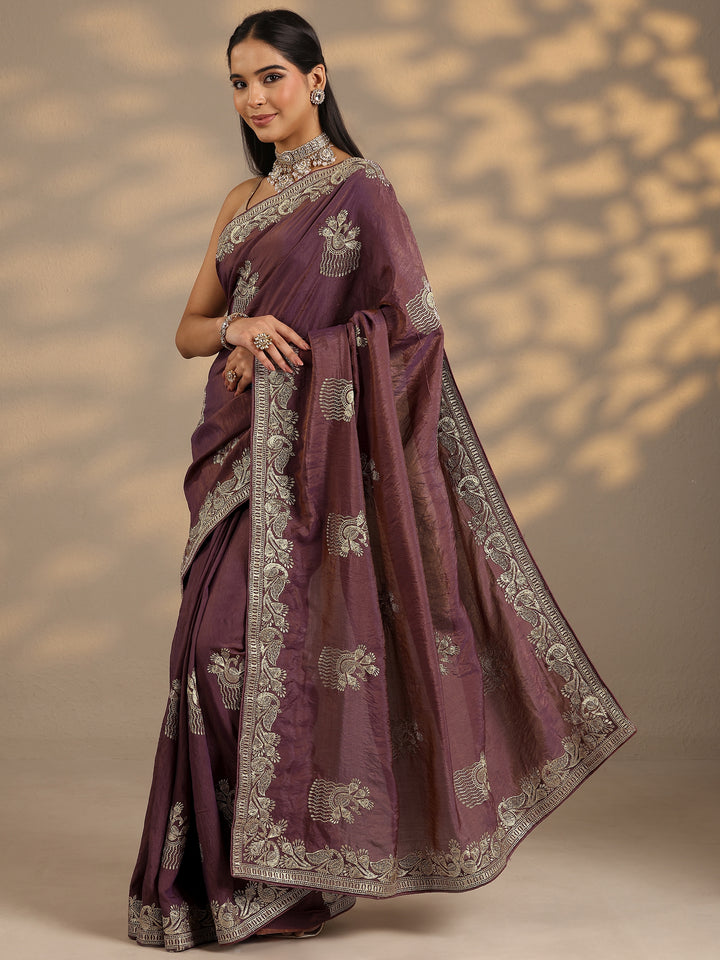 Purple Embroidered Organza Saree With Unstitched Blouse Piece