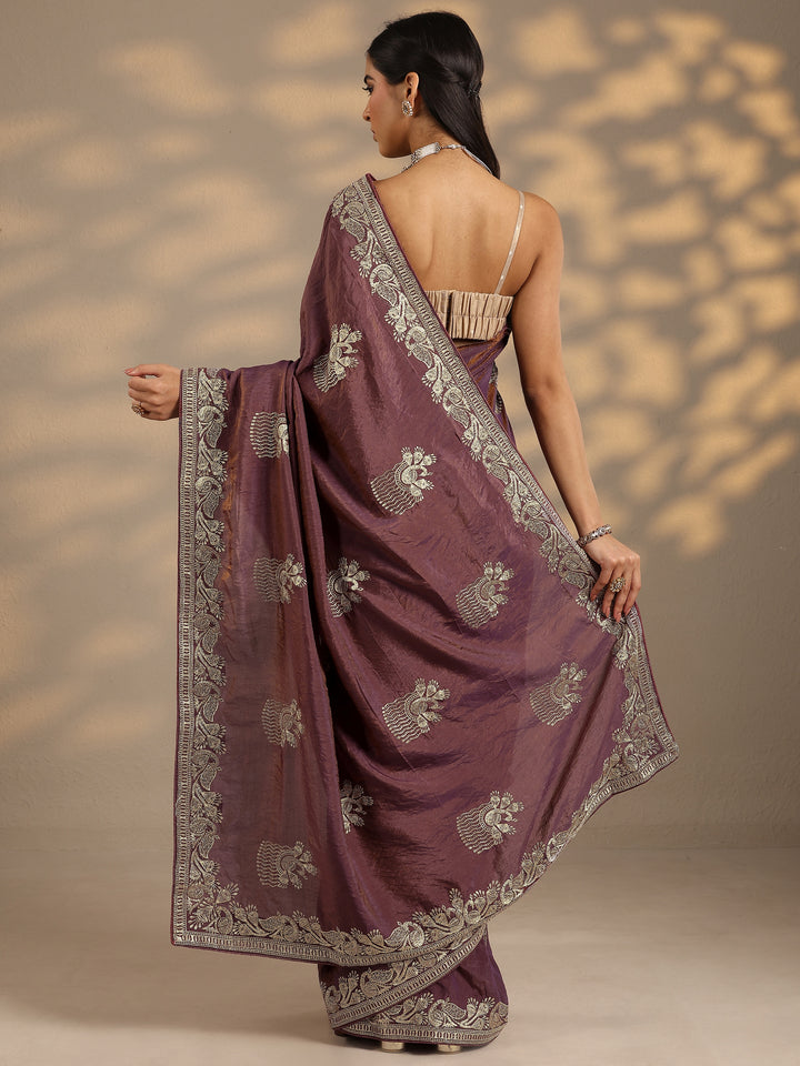 Purple Embroidered Organza Saree With Unstitched Blouse Piece