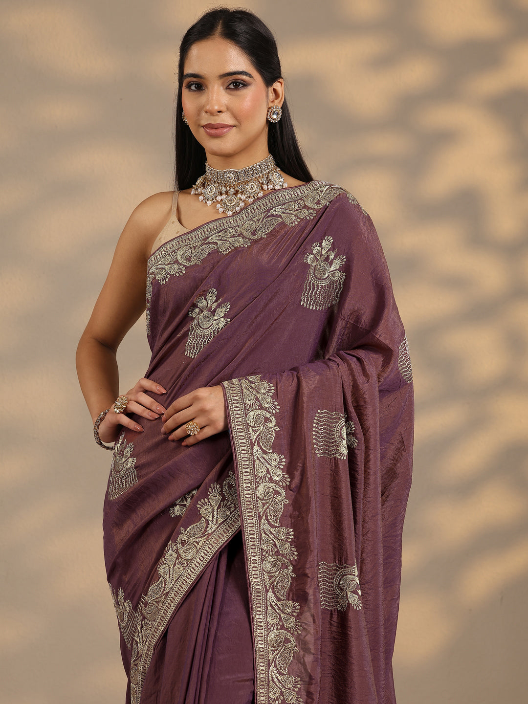 Purple Embroidered Organza Saree With Unstitched Blouse Piece