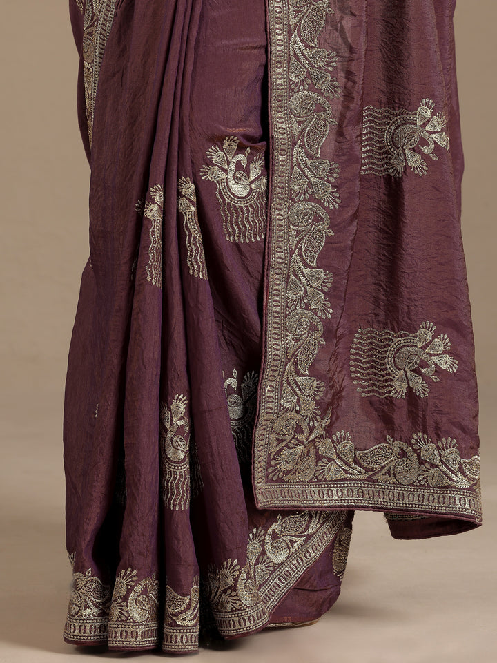 Purple Embroidered Organza Saree With Unstitched Blouse Piece