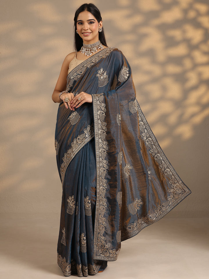 Blue Embroidered Organza Saree With Unstitched Blouse Piece
