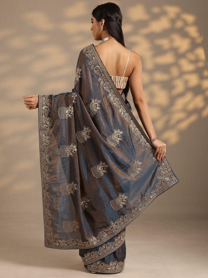 Blue Embroidered Organza Saree With Unstitched Blouse Piece