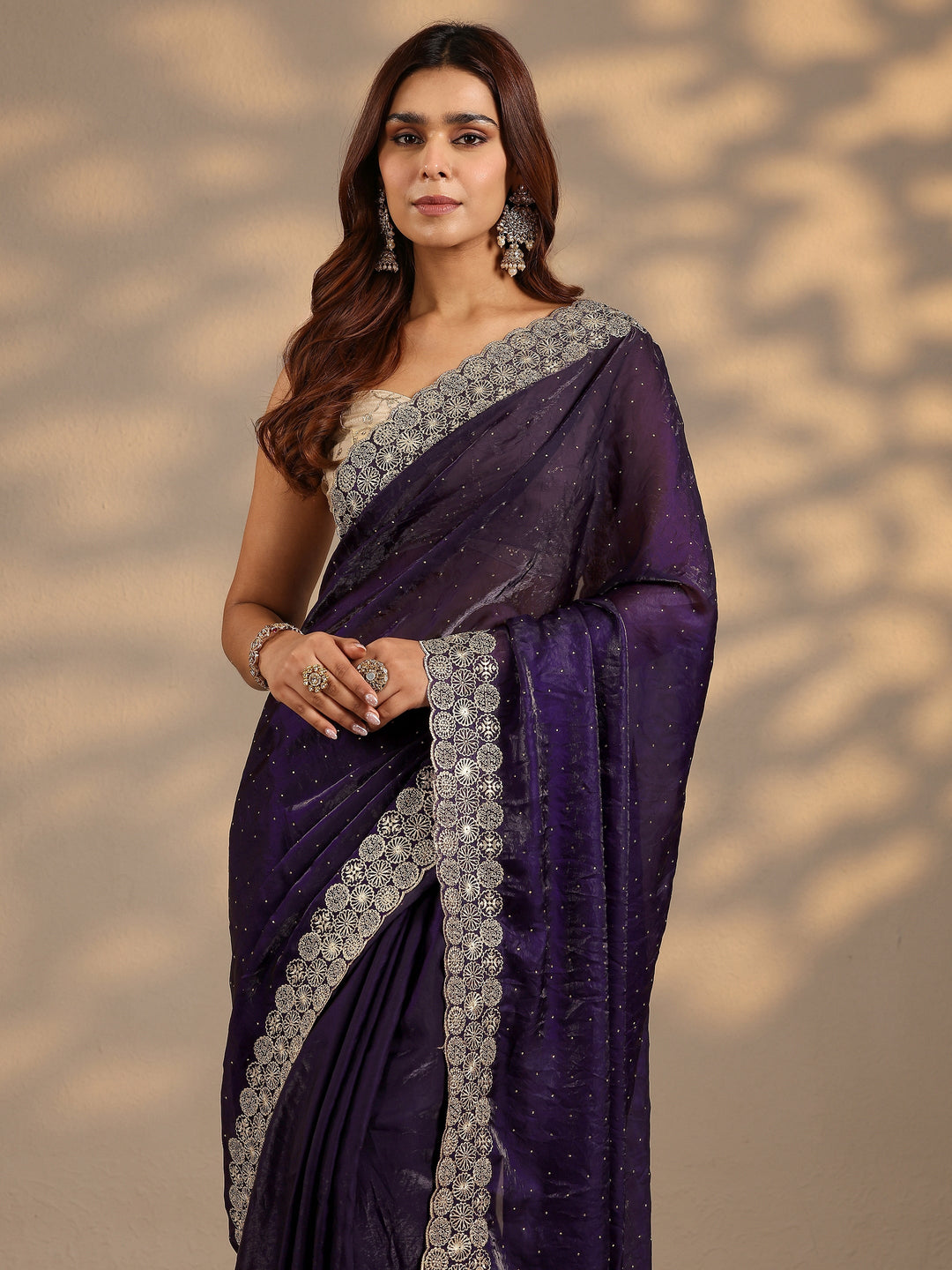 Purple Embellished Silk Blend Saree With Unstitched Blouse Piece
