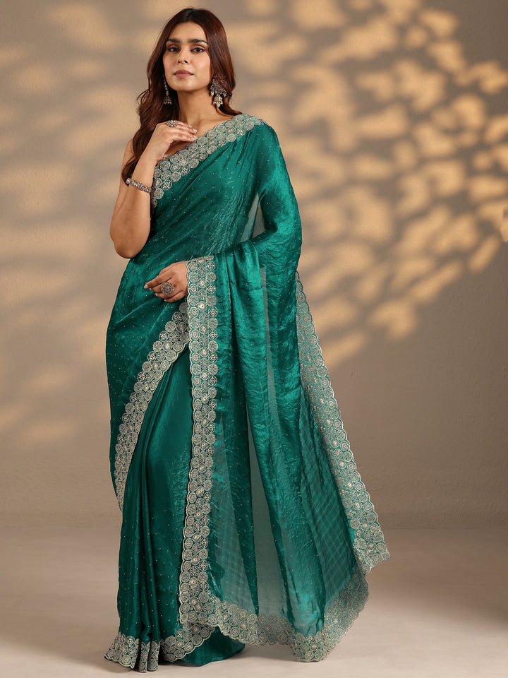 Green Embellished Silk Blend Saree With Unstitched Blouse Piece
