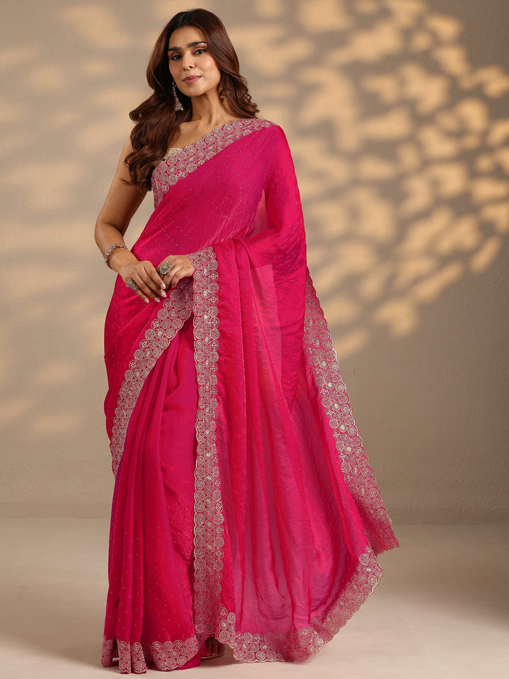 Pink Embellished Silk Blend Saree With Unstitched Blouse Piece
