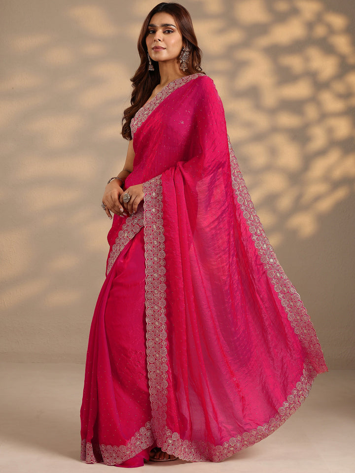 Pink Embellished Silk Blend Saree With Unstitched Blouse Piece