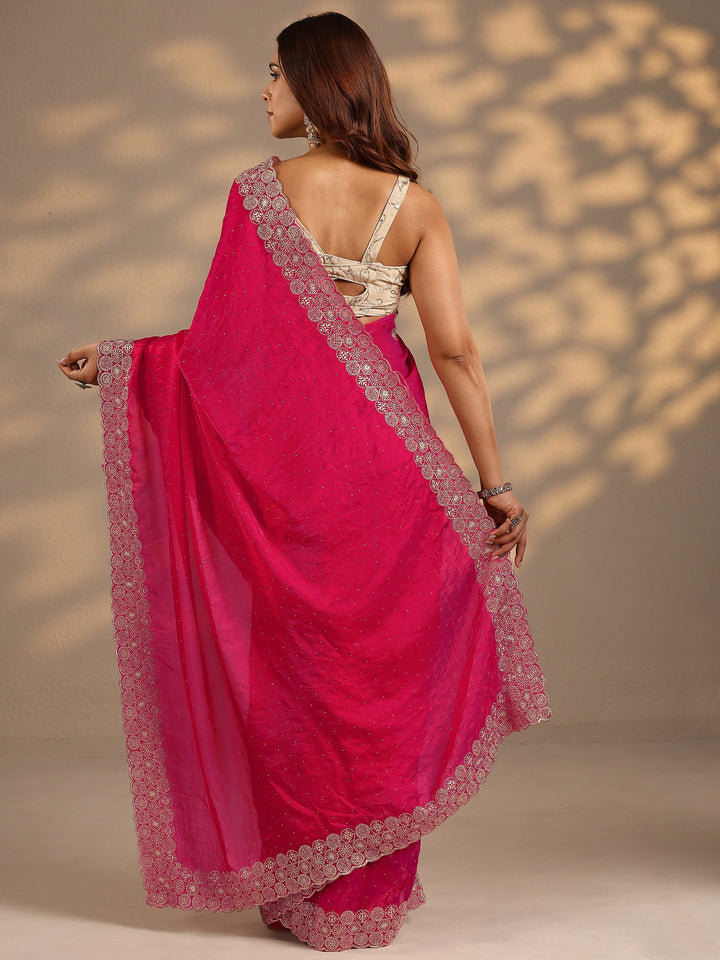 Pink Embellished Silk Blend Saree With Unstitched Blouse Piece