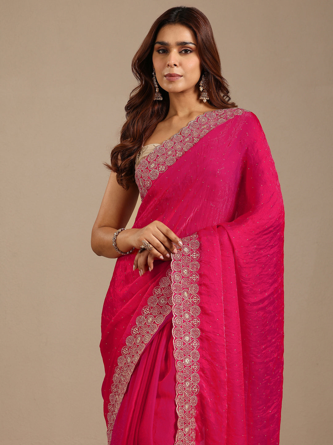 Pink Embellished Silk Blend Saree With Unstitched Blouse Piece