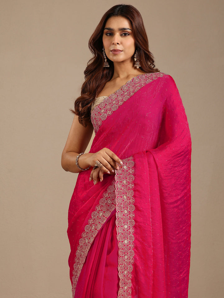 Pink Embellished Silk Blend Saree With Unstitched Blouse Piece