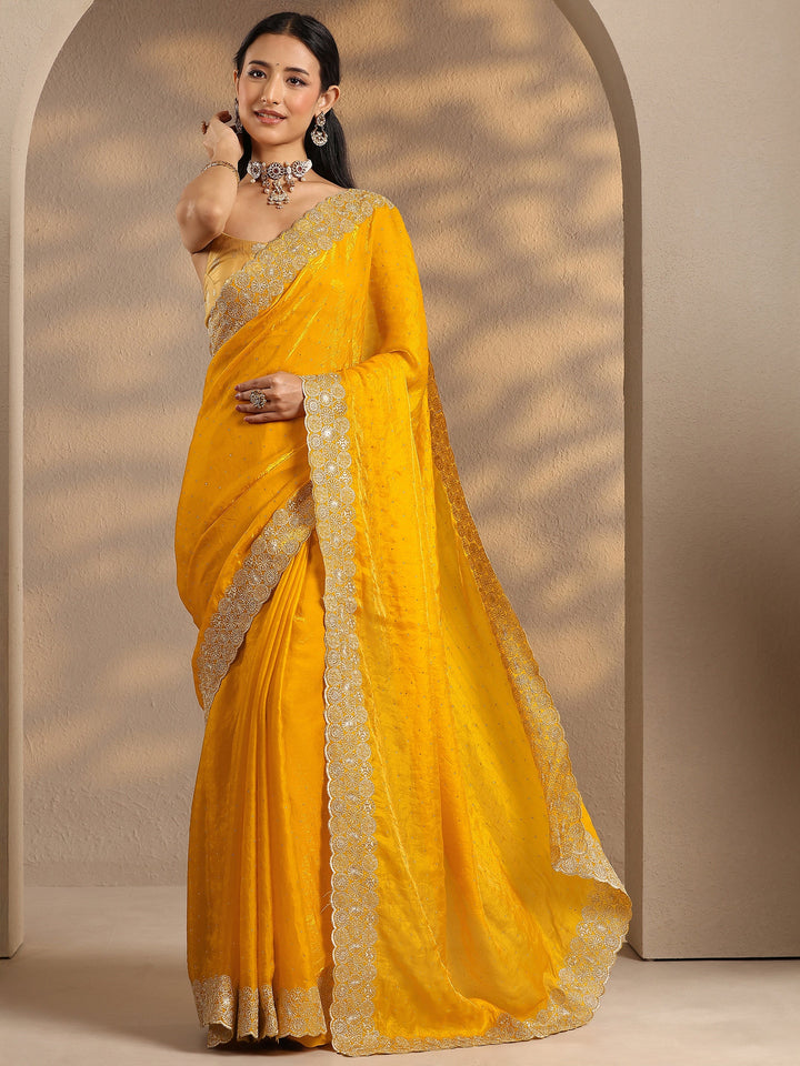 Yellow Embellished Silk Blend Saree With Unstitched Blouse Piece