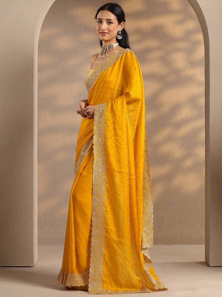 Yellow Embellished Silk Blend Saree With Unstitched Blouse Piece