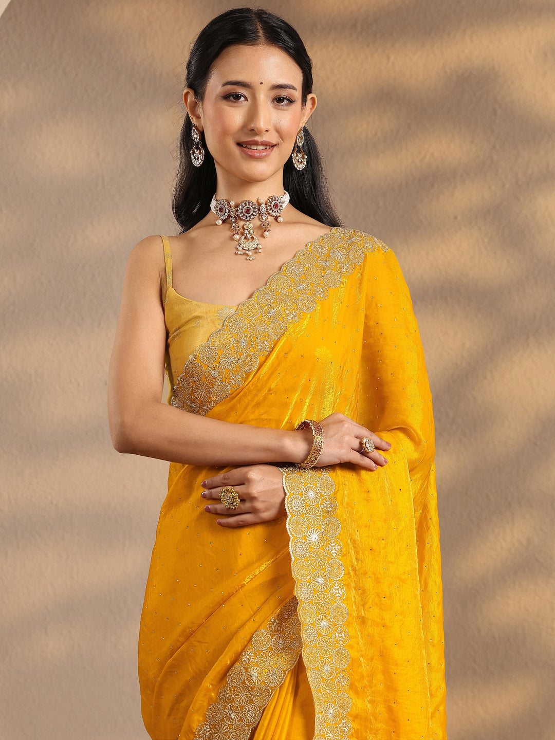 Yellow Embellished Silk Blend Saree With Unstitched Blouse Piece