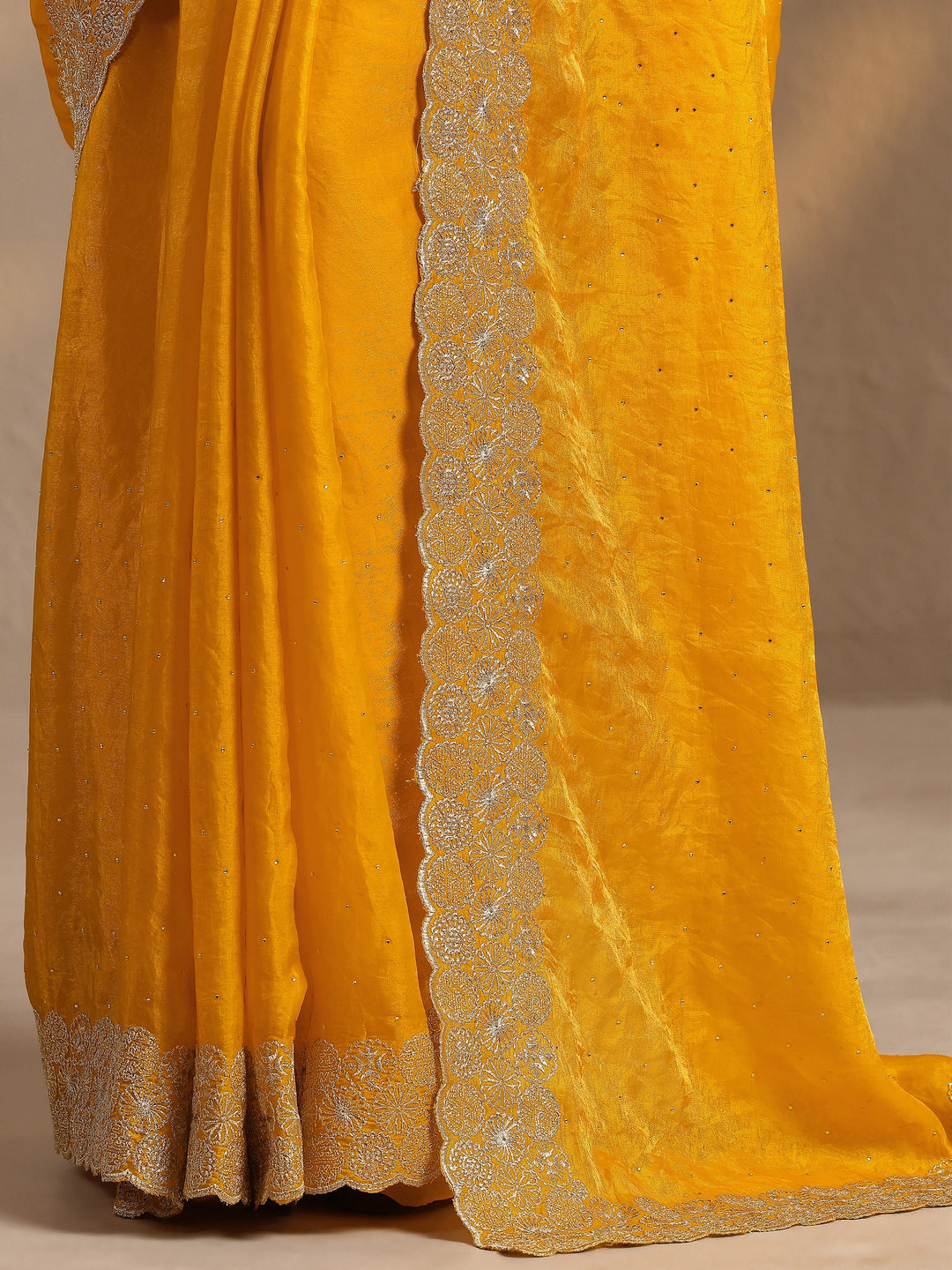 Yellow Embellished Silk Blend Saree With Unstitched Blouse Piece