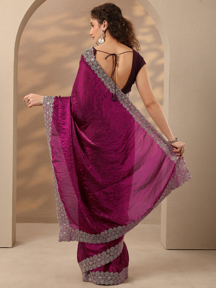 Magenta Embellished Silk Blend Saree With Unstitched Blouse Piece