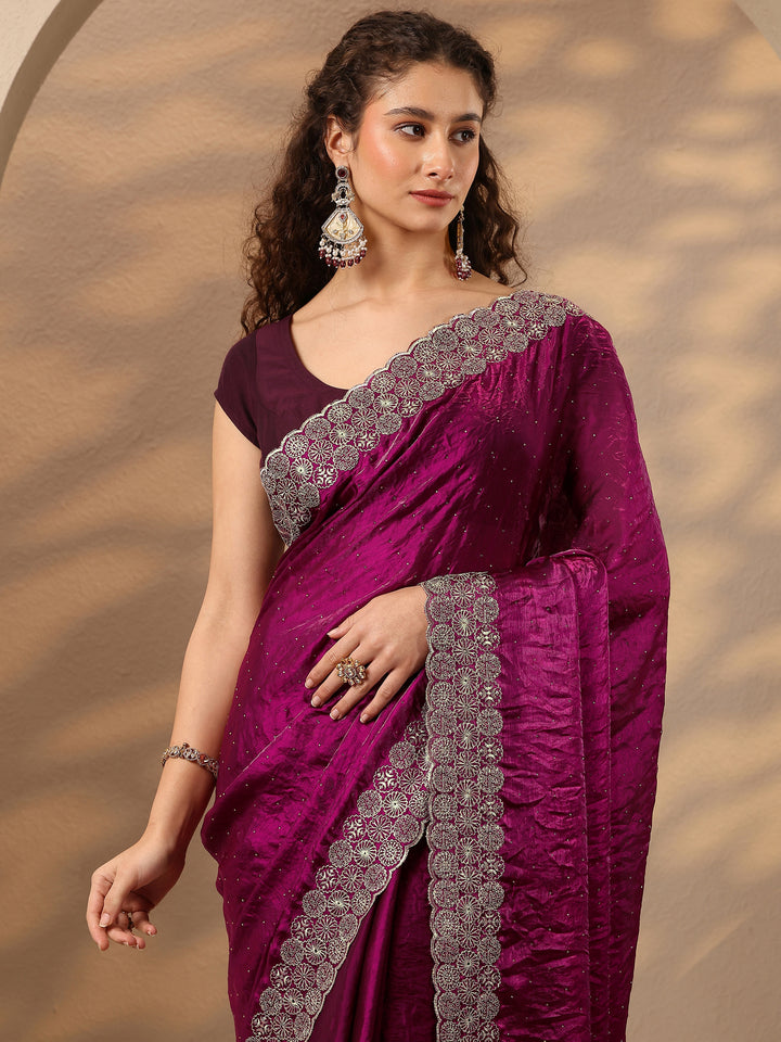Magenta Embellished Silk Blend Saree With Unstitched Blouse Piece