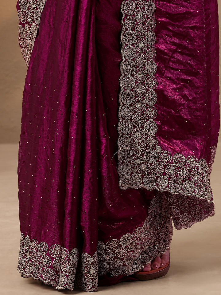 Magenta Embellished Silk Blend Saree With Unstitched Blouse Piece