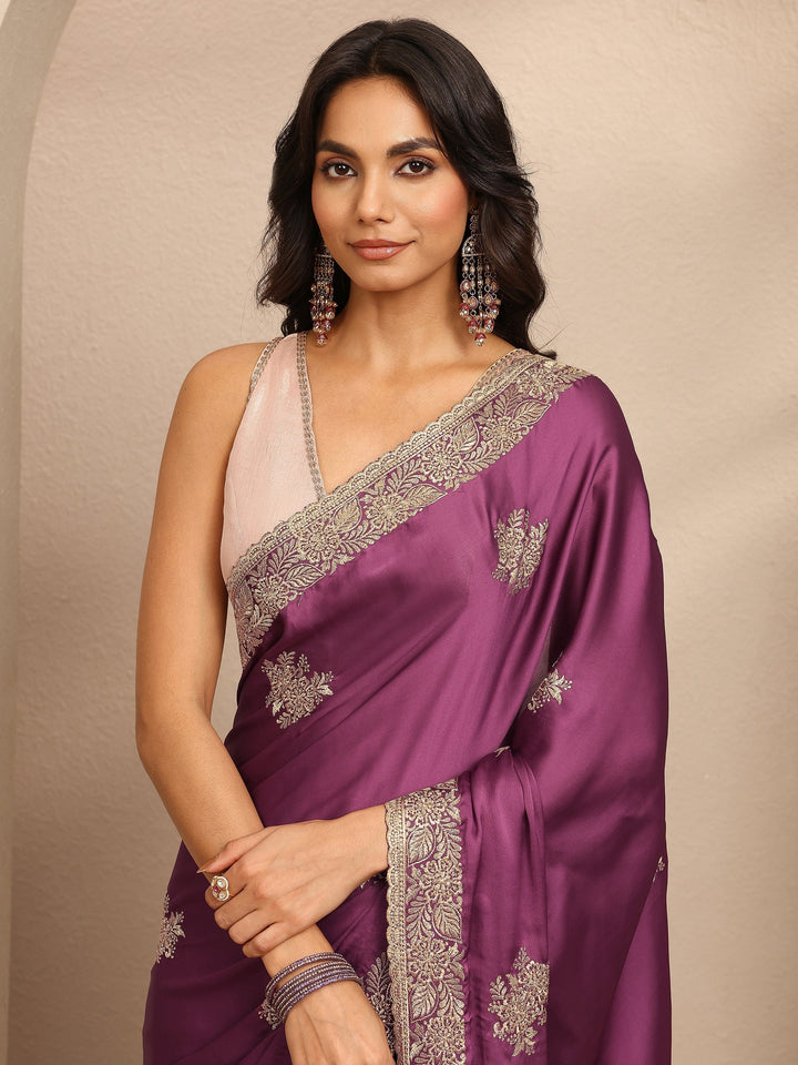 Mauve Embroidered Silk Blend Saree With Unstitched Blouse Piece