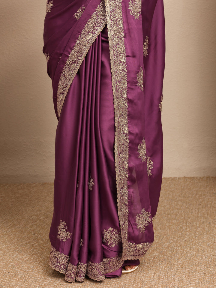 Mauve Embroidered Silk Blend Saree With Unstitched Blouse Piece