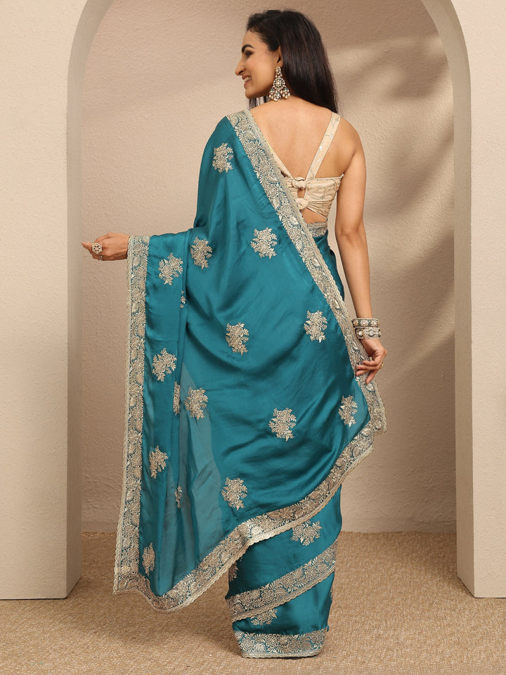 Blue Embroidered Silk Blend Saree With Unstitched Blouse Piece