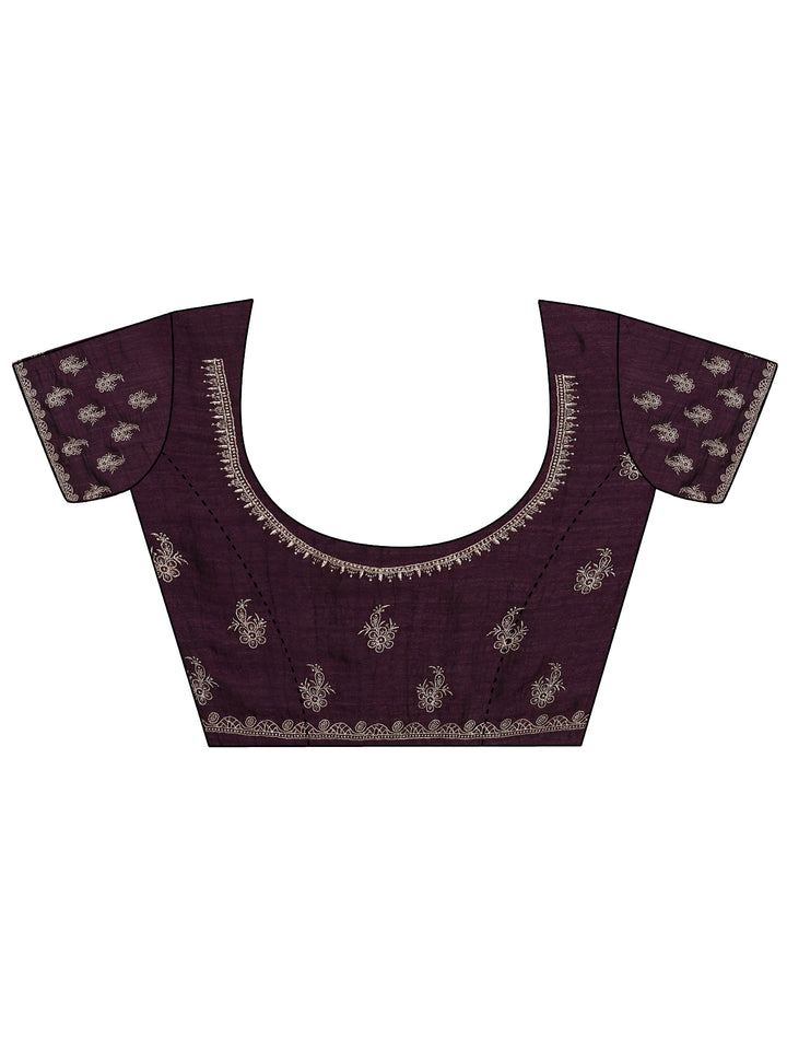 Burgundy Embroidered Silk Blend Saree With Unstitched Blouse Piece