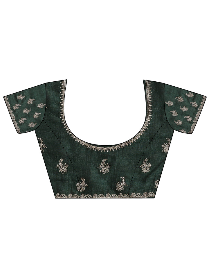 Green Embroidered Silk Blend Saree With Unstitched Blouse Piece