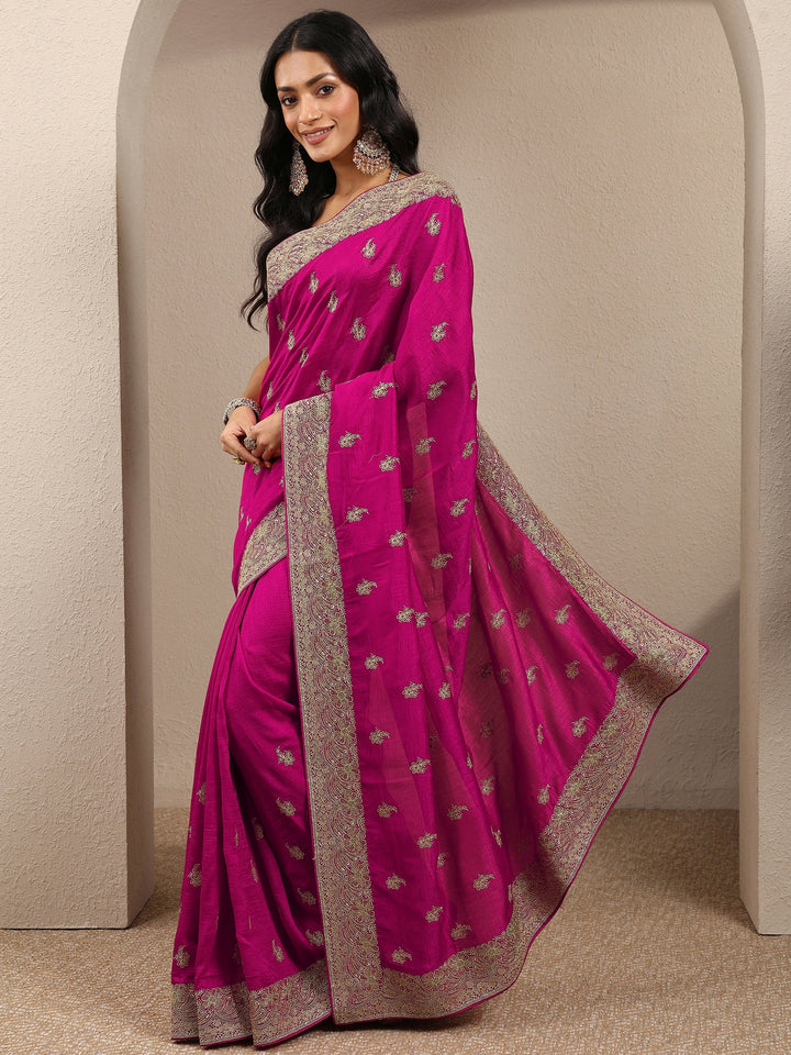 Pink Embroidered Silk Blend Saree With Unstitched Blouse Piece