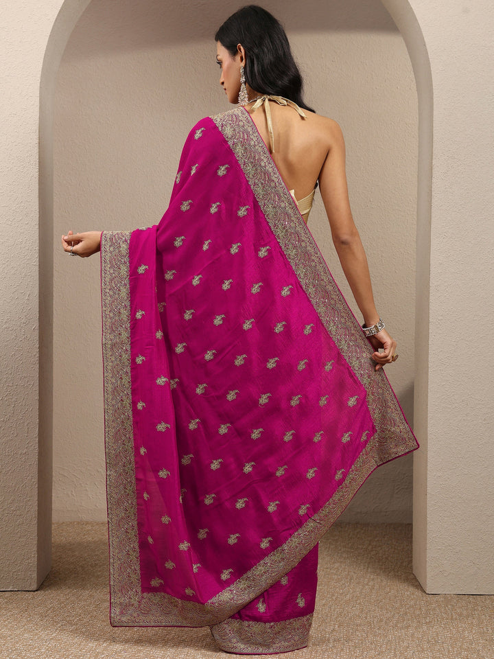 Pink Embroidered Silk Blend Saree With Unstitched Blouse Piece