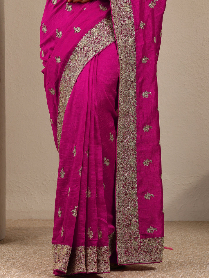 Pink Embroidered Silk Blend Saree With Unstitched Blouse Piece