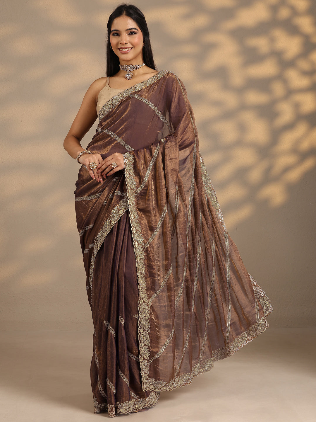 Brown Leheriya Embellished Silk Blend Saree With Unstitched Blouse Piece