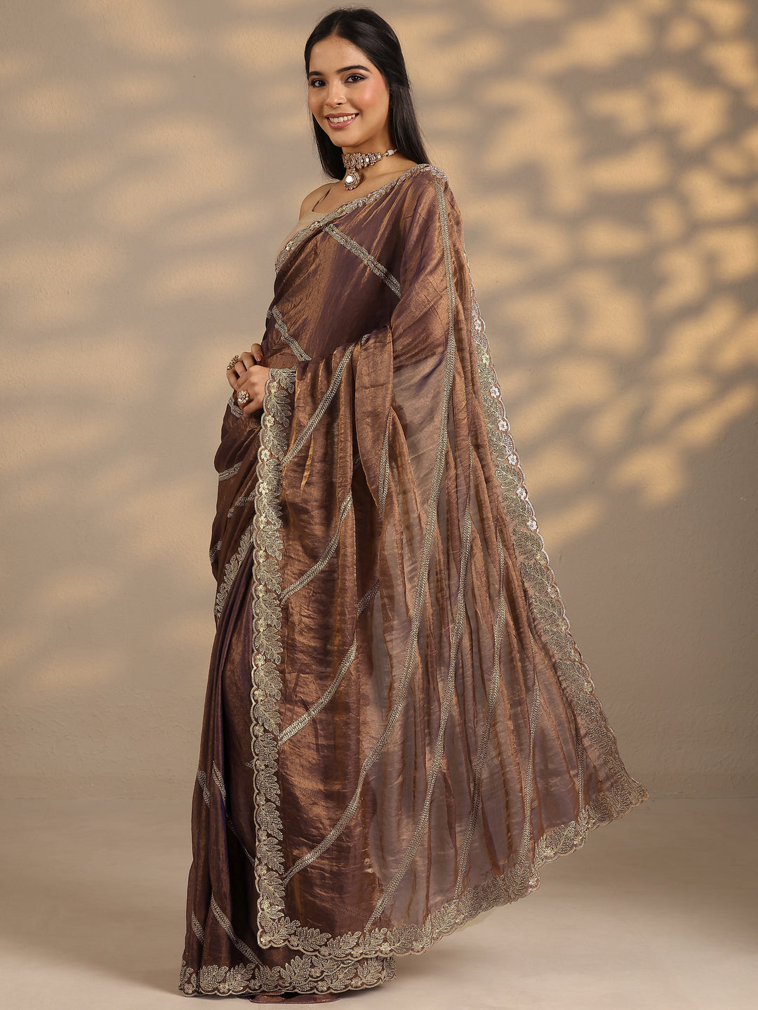 Brown Leheriya Embellished Silk Blend Saree With Unstitched Blouse Piece
