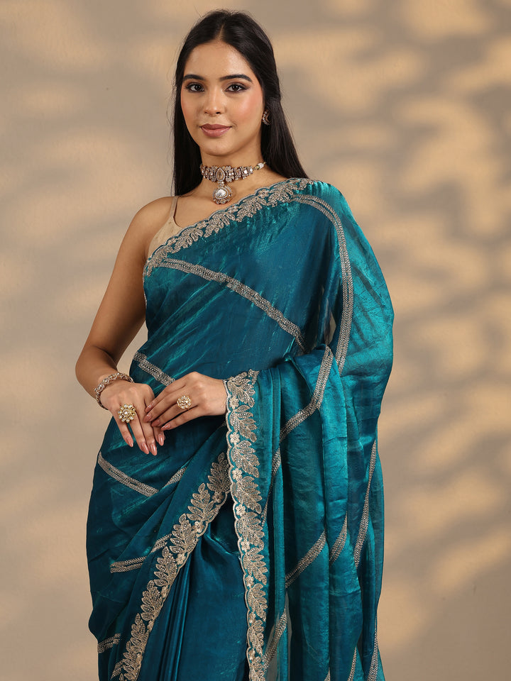 Blue Leheriya Embellished Silk Blend Saree With Unstitched Blouse Piece