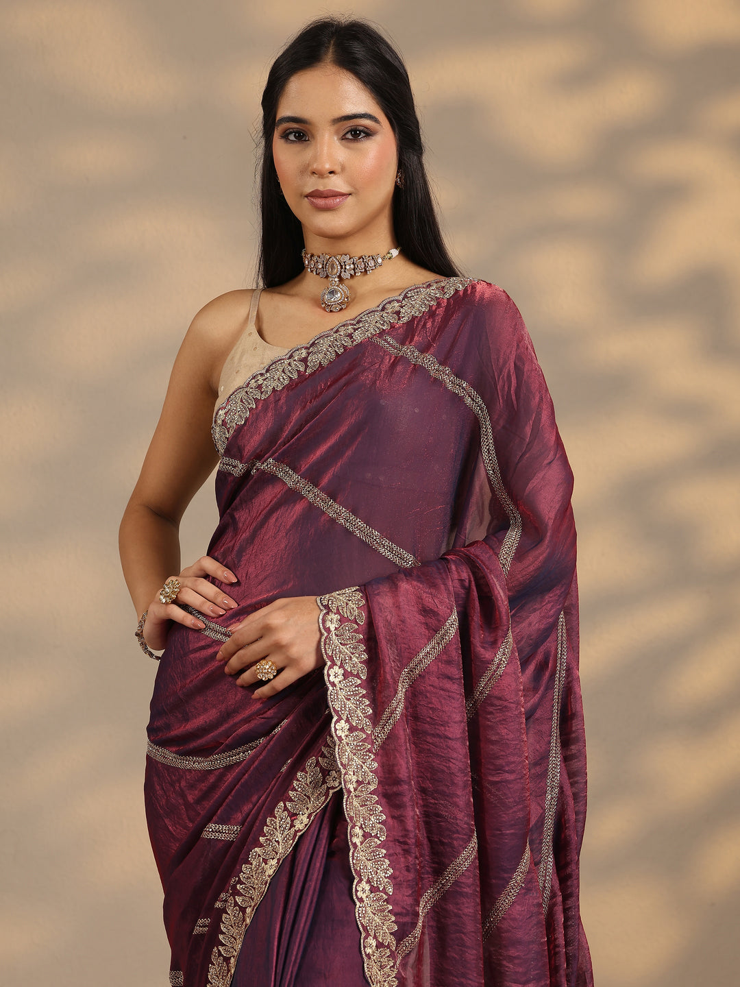 Purple Leheriya Embellished Silk Blend Saree With Unstitched Blouse Piece