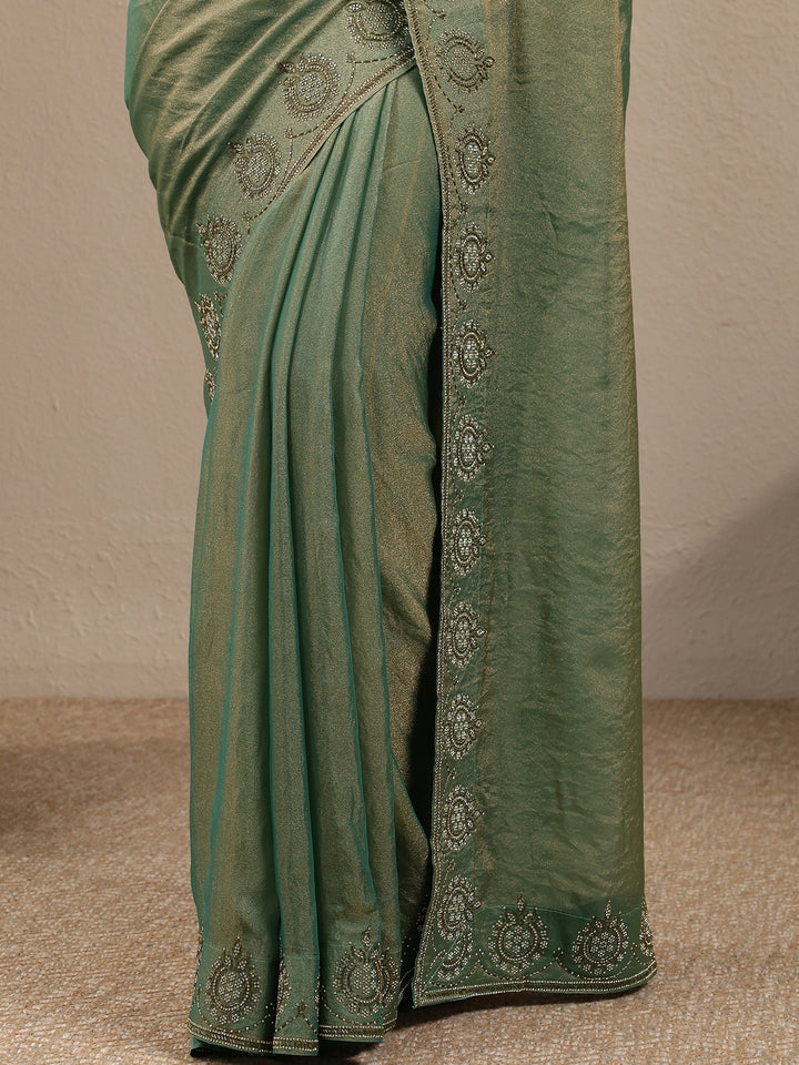 Green Solid Silk Blend Saree With Unstitched Blouse Piece