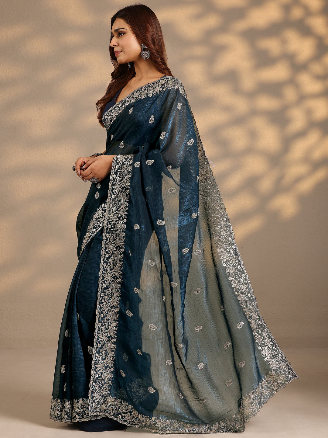 Navy Blue Paisley Embroidered Silk Blend Saree With Unstitched Blouse Piece