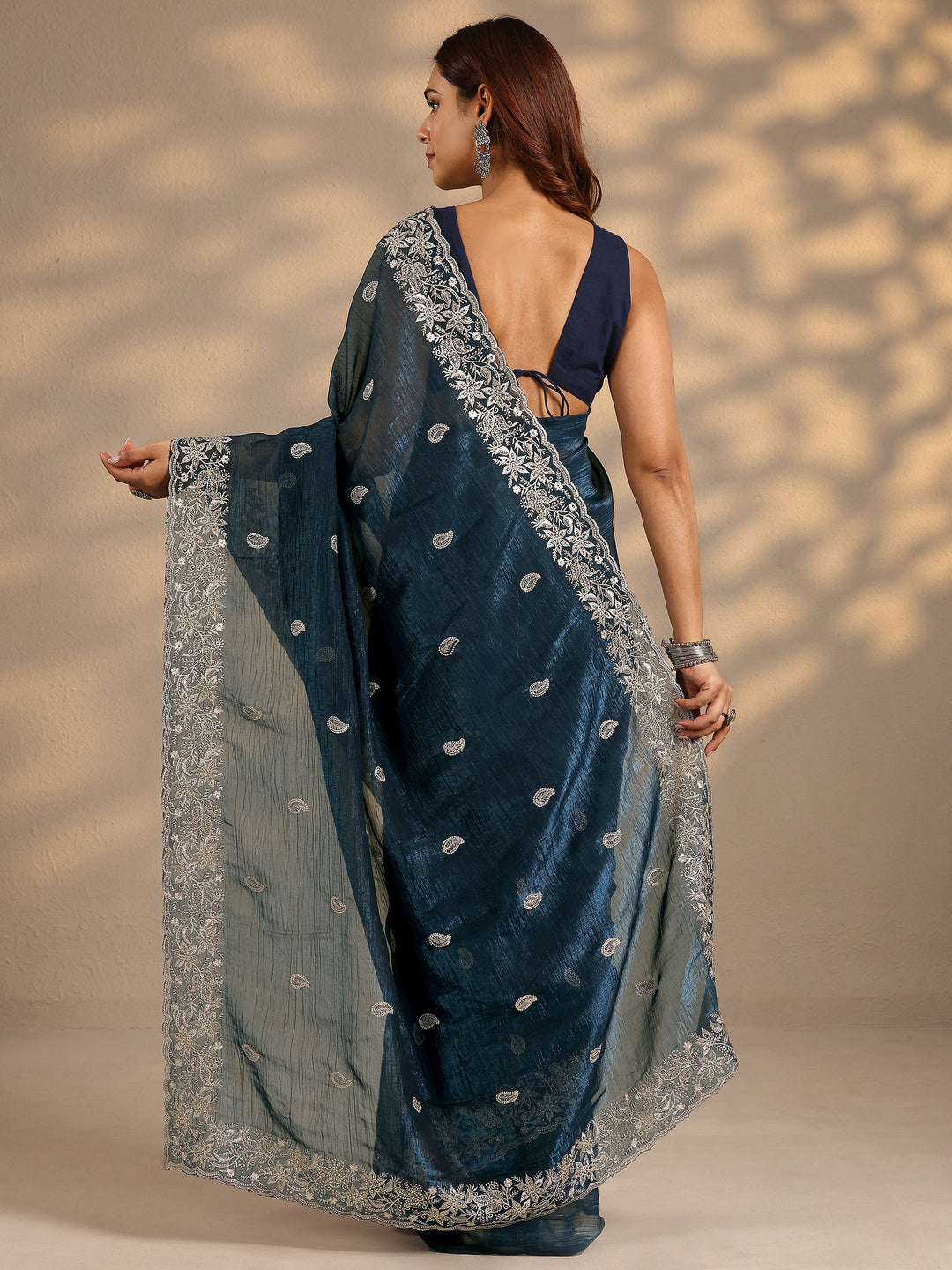 Navy Blue Paisley Embroidered Silk Blend Saree With Unstitched Blouse Piece