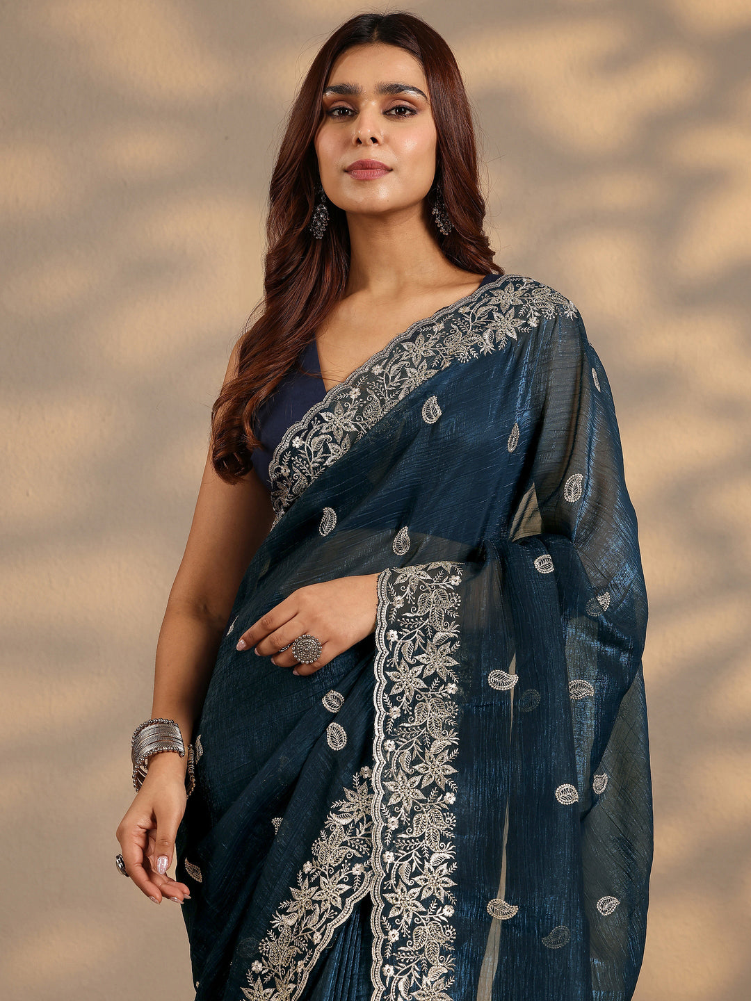 Navy Blue Paisley Embroidered Silk Blend Saree With Unstitched Blouse Piece