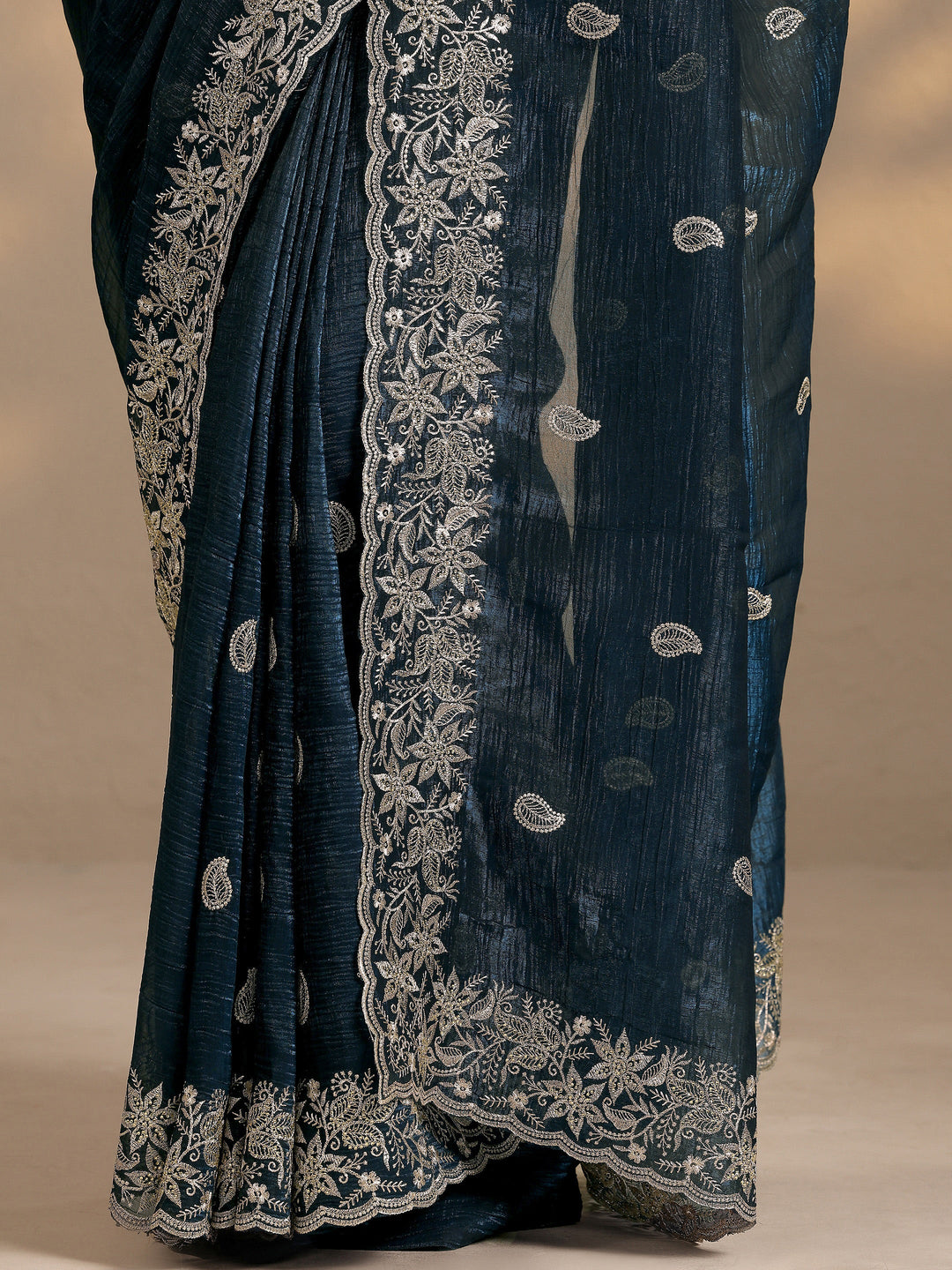 Navy Blue Paisley Embroidered Silk Blend Saree With Unstitched Blouse Piece