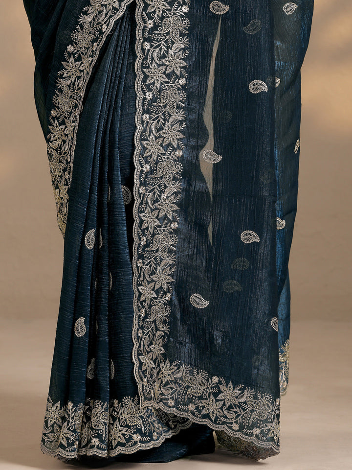 Navy Blue Paisley Embroidered Silk Blend Saree With Unstitched Blouse Piece