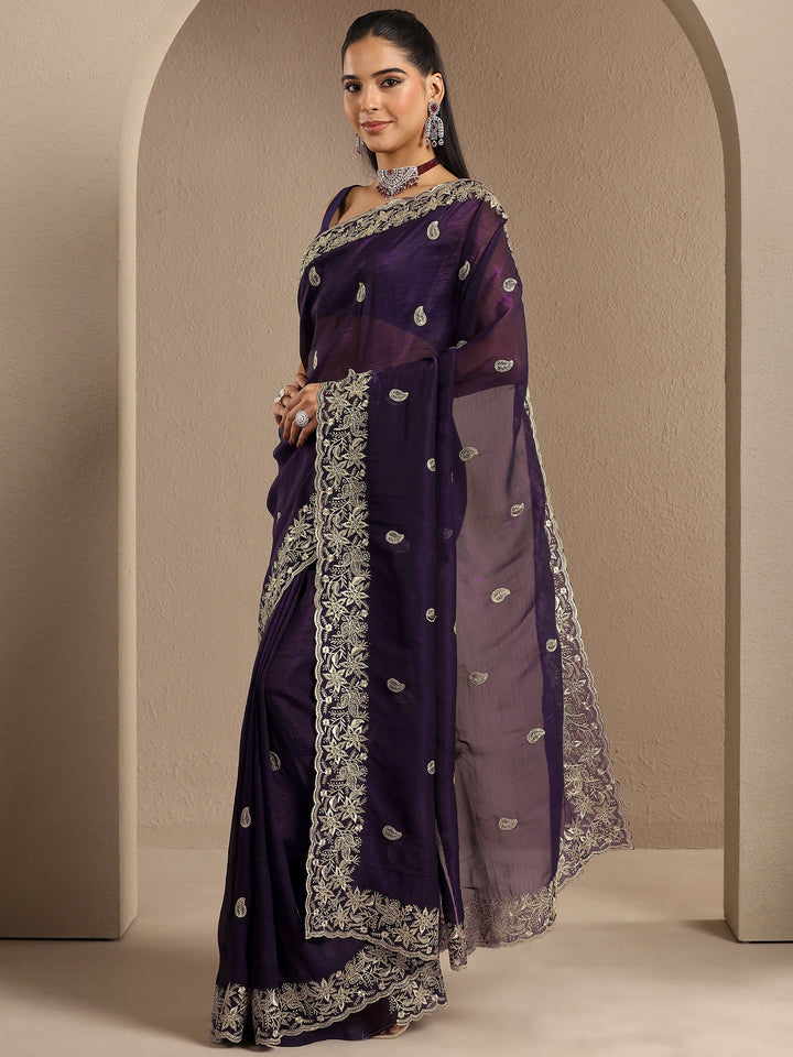 Purple Paisley Embroidered Silk Blend Saree With Unstitched Blouse Piece