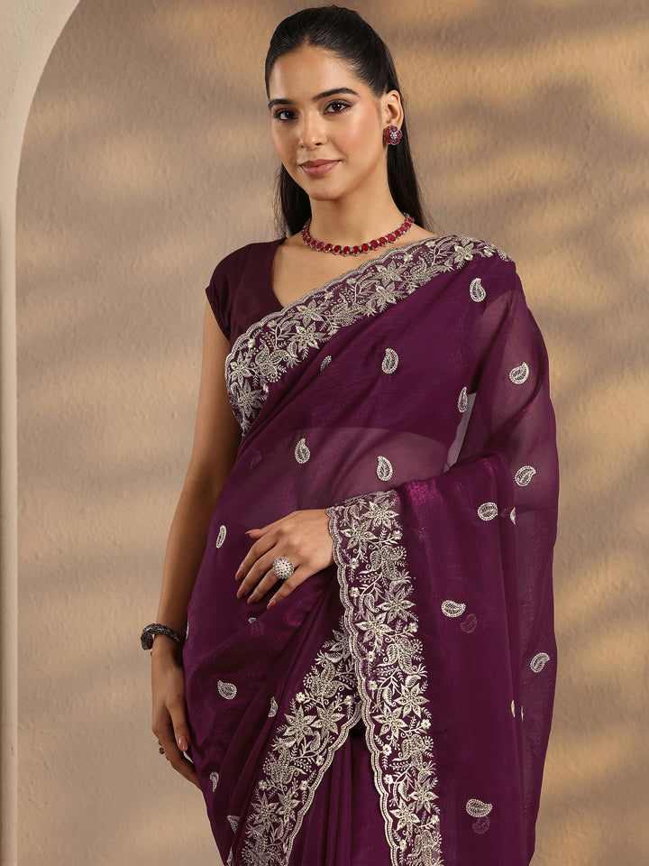 Maroon Paisley Embroidered Silk Blend Saree With Unstitched Blouse Piece