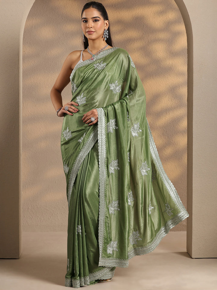 Green Embellished Silk Blend Saree With Unstitched Blouse Piece