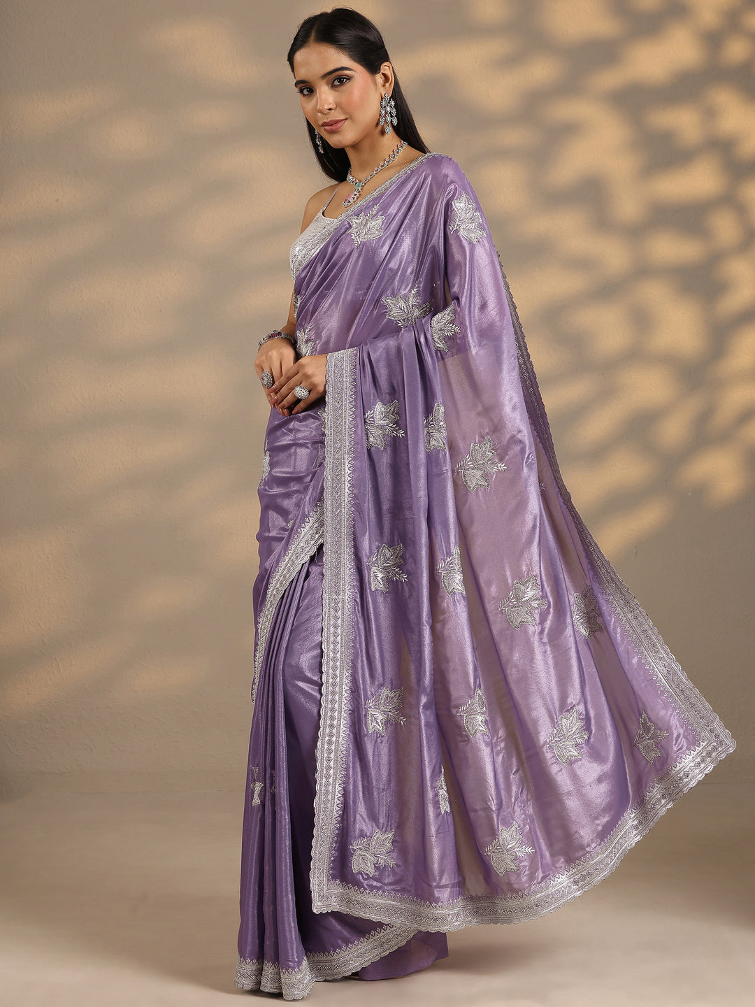 Lavender Embellished Silk Blend Saree With Unstitched Blouse Piece