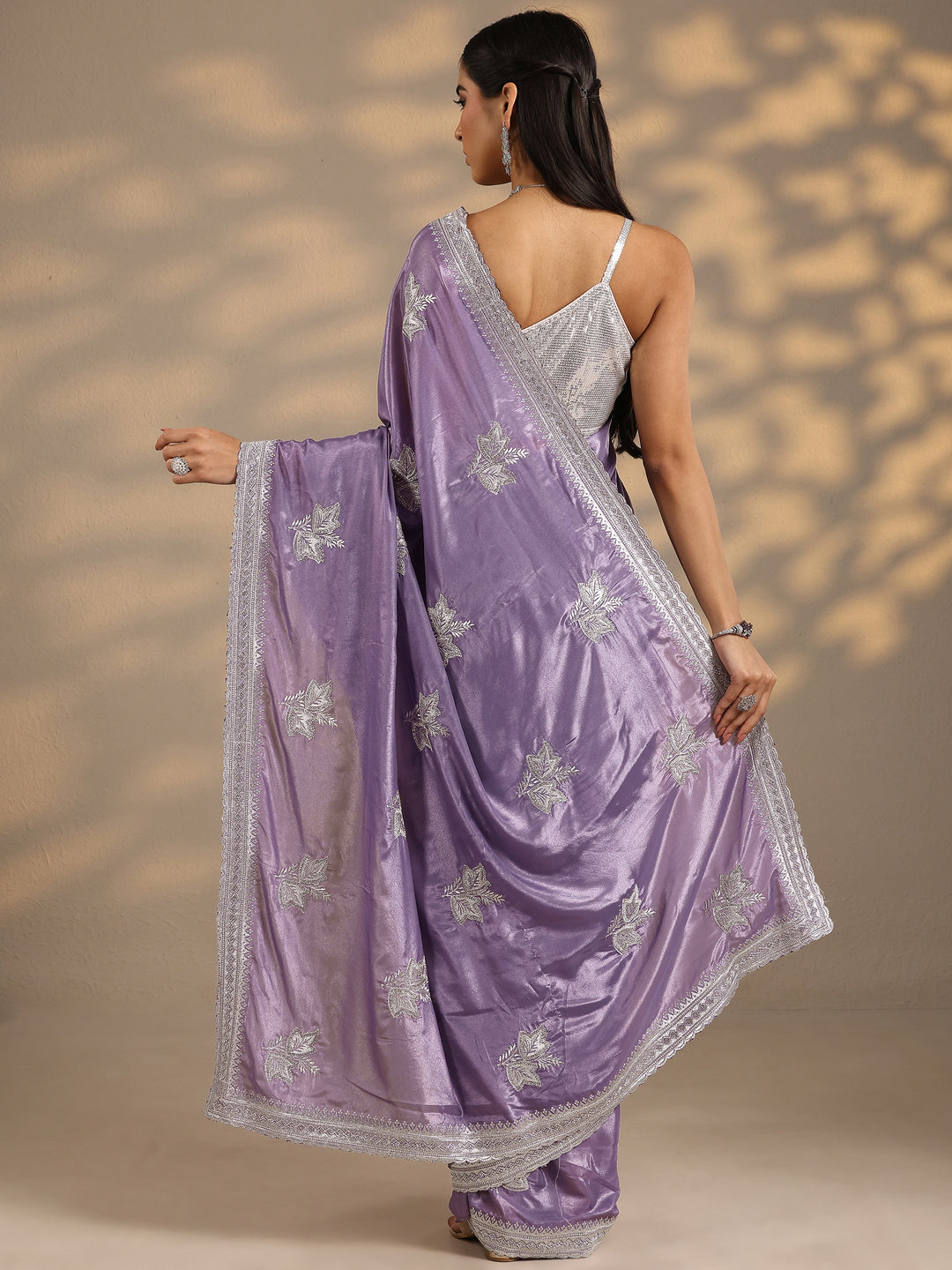 Lavender Embellished Silk Blend Saree With Unstitched Blouse Piece