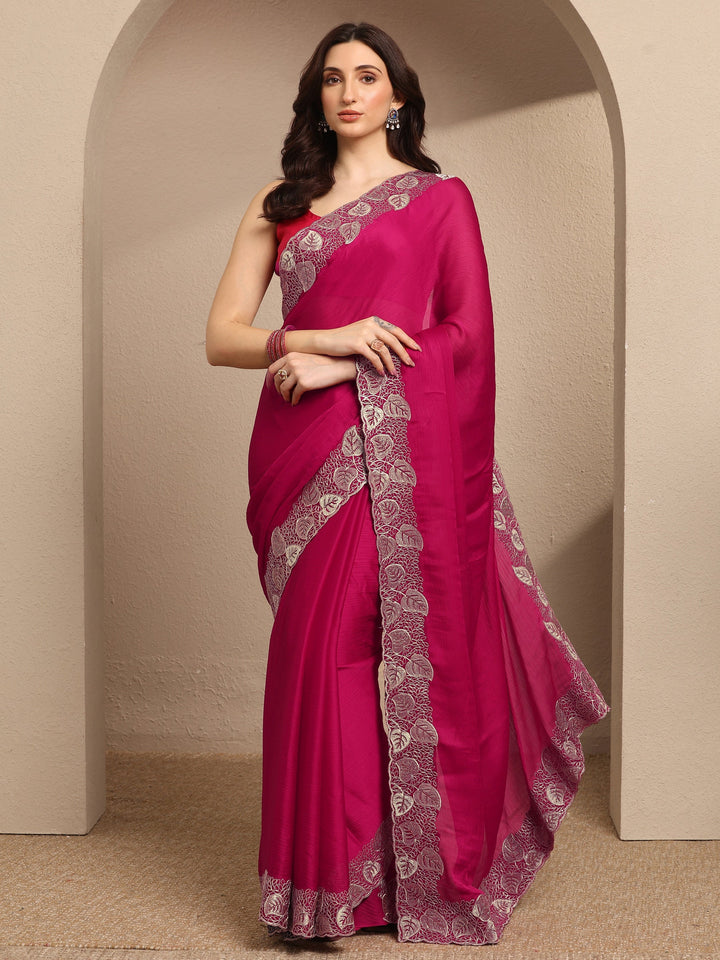 Pink Solid Silk Blend Saree With Unstitched Blouse Piece