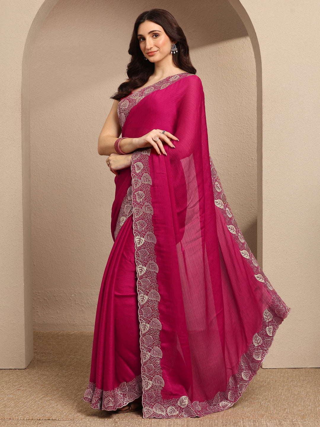 Pink Solid Silk Blend Saree With Unstitched Blouse Piece