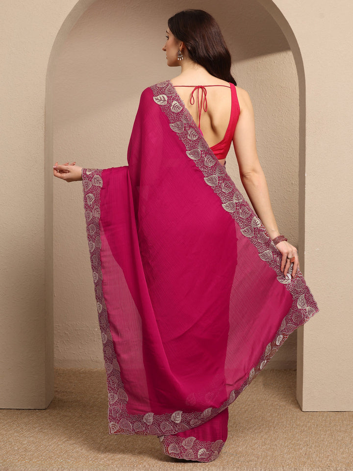 Pink Solid Silk Blend Saree With Unstitched Blouse Piece