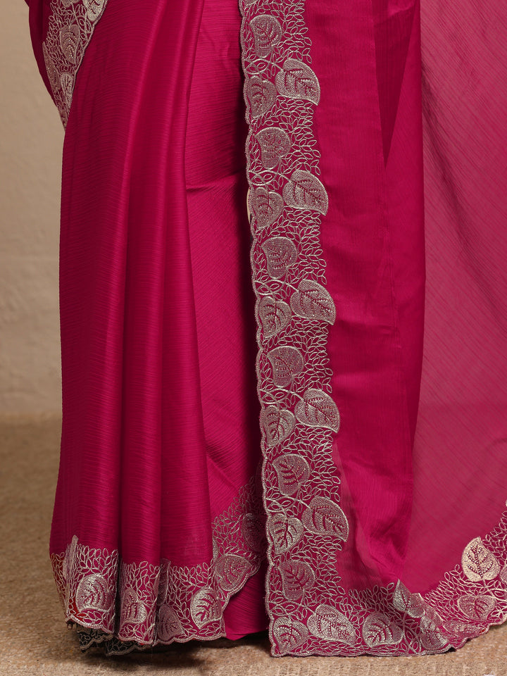 Pink Solid Silk Blend Saree With Unstitched Blouse Piece