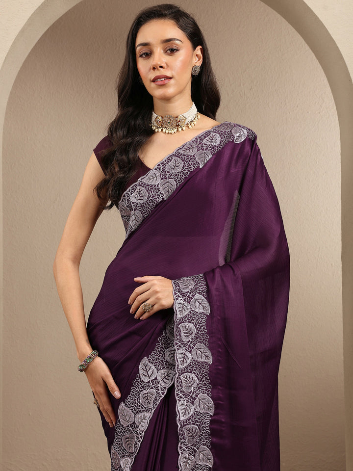 Burgundy Solid Silk Blend Saree With Unstitched Blouse Piece